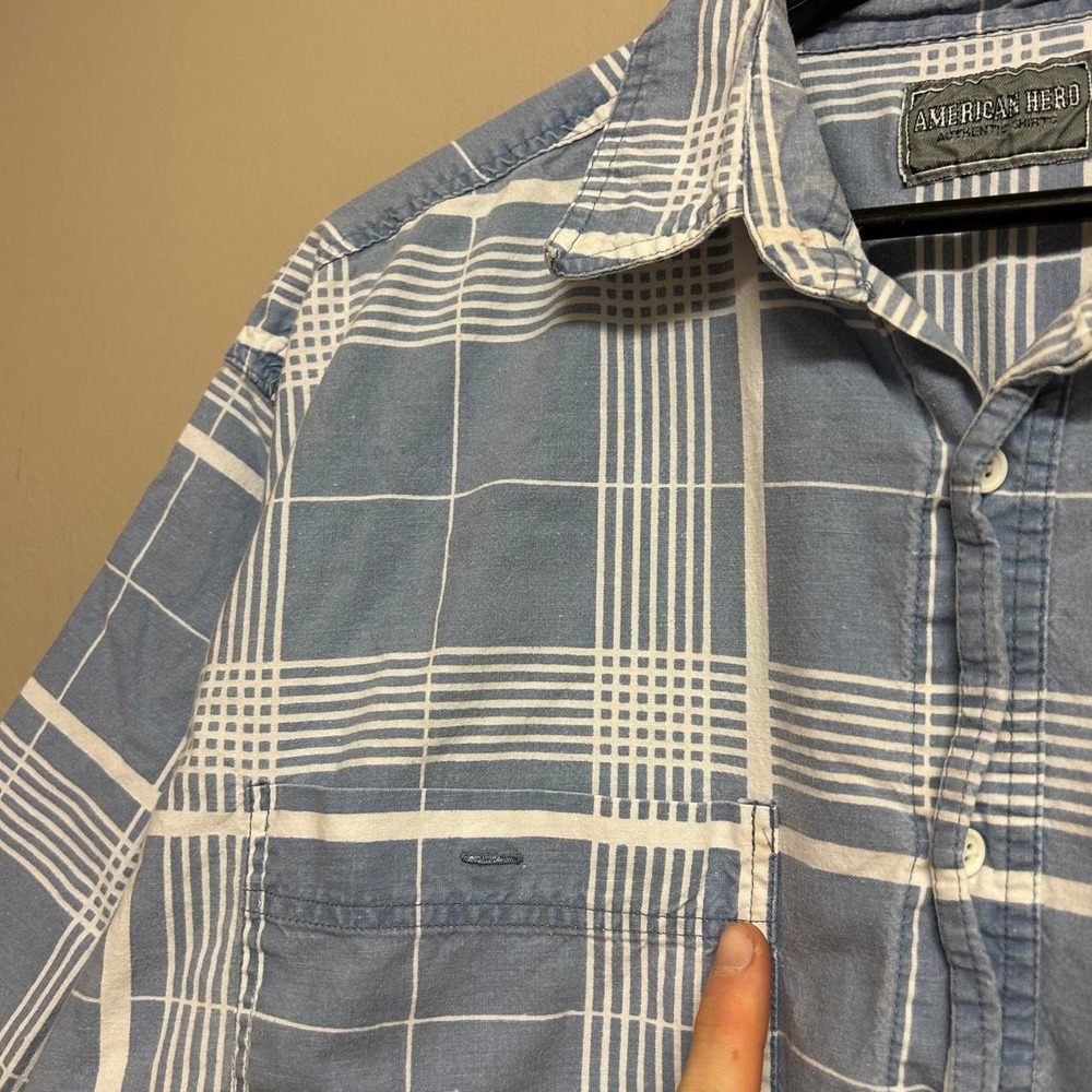 Vintage 90s American Hero Blue White Checkered Cropped Short Sleeve Shirt Mens L - Picture 5 of 7